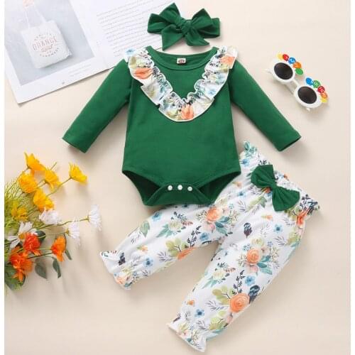 3pcs Fall Winter Newborn Baby Girl Clothes Lounge Set Long Sleeve Ruffle Romper Floral Pants Headband 6 12 18 Month Outfit