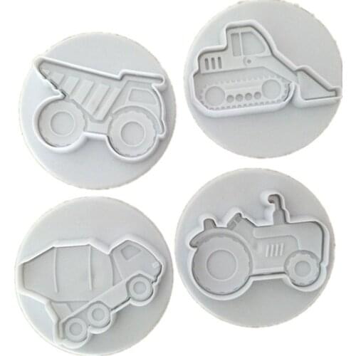 4Pcs/Set Cake Cookie Plunger Cutters Fondant Cake Molds Vehicles Theme (Trucks,Tractor,Forklift) Cake Decorating Baking Tools