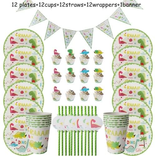 49pcs Dinosaur Theme Party Tableware Set Disposable Paper Plates Cups Straws Cake Wrapper Happy 1st Birthday Party Supplies