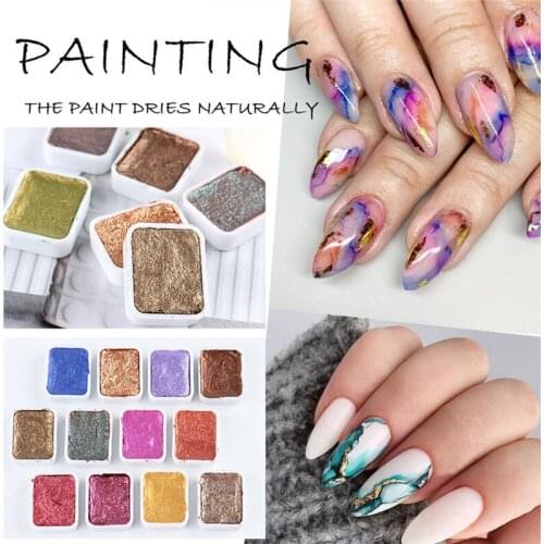 6/12 Colors Solid Pigment Watercolor Paints Set Metallic Pearl Gold Silver Nail Chrome Glitter Powder DIY Manicure Decor