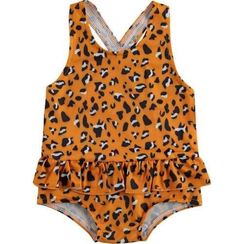 6 Colors Summer Infant One-piece Swimsuit Baby Girl Leopard/Stripe/Animal Print U-shaped Neck Cross Strap Ruffle Swimwear 6M-3T