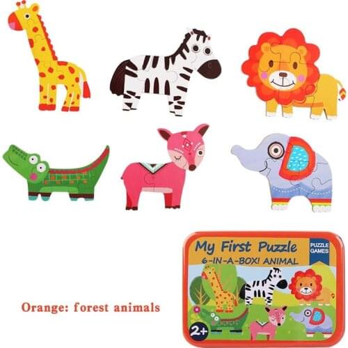 6in1 Toddler Fun Cartoon Animals Transportation Jigsaw Early Educational Toy Vehicles Bus Wooden Puzzle Game Box For Kid Gift