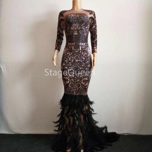 Sparkly Colorful Rhinestones Black Feather Long Dress Glisten Full Stones Big Tail Dress Costume Prom Birthday Celebrate Dress