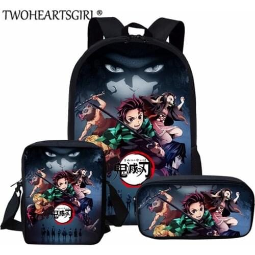 Twoheartsgirl Childrens Cartoon Bookbags Demon Slayer Kimetsu No Yaiba Anime Printed Student Kids School Bag Flaps Bag Set