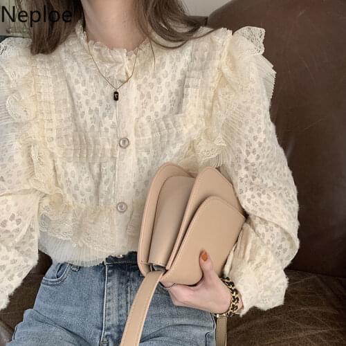 Neploe Elegant Ruffle Blouse Women Fashion Lace Patchwork Tassel Shirt 2021 Spring Korean Chic Gentle Long Sleeve Ladies Tops