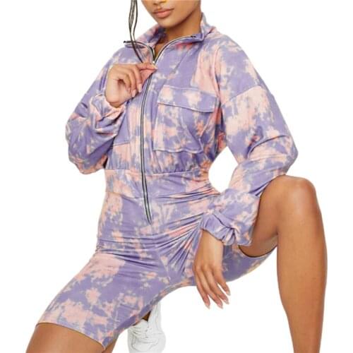 Womens Sexy Zip Up Rompers, Long Sleeve Stand Collar Tie Dye Print One Piece Jumpsuit Shorts