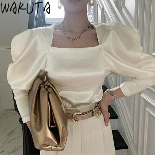 WAKUTA Chic Fashion Lady Blouse Elegant Puff Sleeve Square Collar Silk Blousas Female Spring Autumn Ins Wind Hot Women Clothes