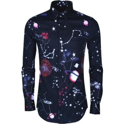 Digital Printing Men Shirt Fashion 100% Cotton Colorized Constellation Printed Long Sleeve Man Shirts Slim Fit Mens Dress Shirt