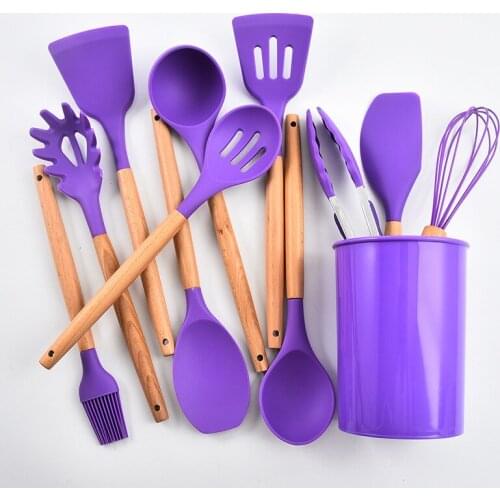 12PCS Silicone Cooking Utensils Wooden Handle Kitchen Set Cooking Tools Sets Accessories with Silicone Storage Box