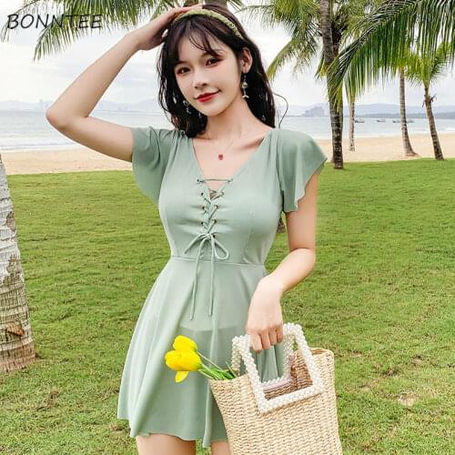 Cover-ups Women New Green Pure V-neck High Waist Fresh-style Lace-up Prairie Chic Stylish Swimwear Comfortable Beach Clothing