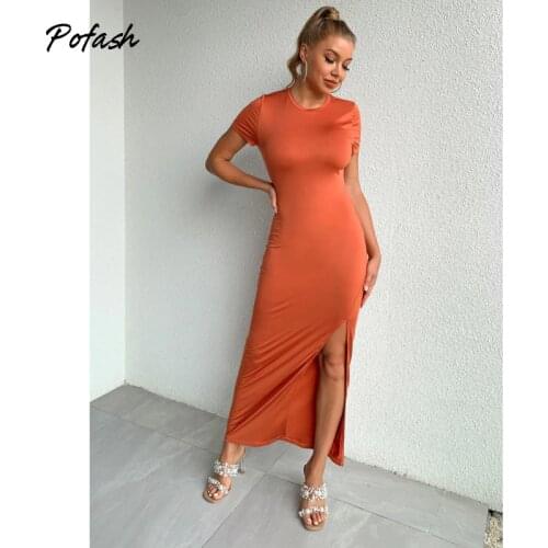 Pofash Solid Maxi Long Dresses Women O Neck Sheath Short Sleeves Elegant Summer Dress Side Split Sexy Party Club Vestidos 2021