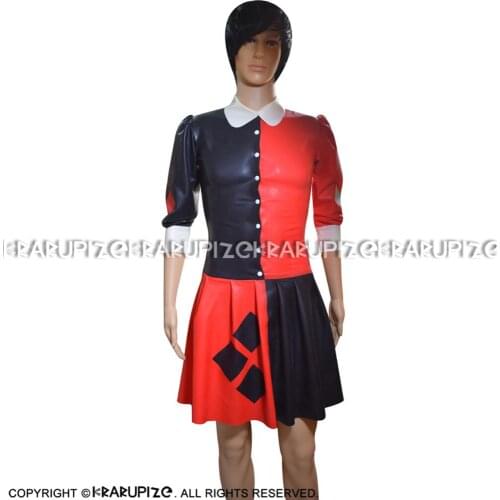 Sexy Latex Dress Clown With Buttons Front Turn Down Collar Half Sleeves Rubber Uniform Bodycon Playsuit LYQ-0082