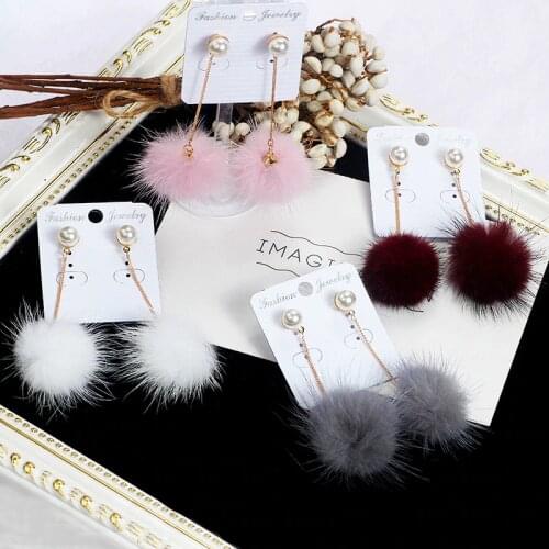 Crystal Cute Rabbit Fur Ball PomPom Long Drop Earrings For Women Soft Pom Pom Ear Dangle Jewelry Winter Gift Trinket Brincos