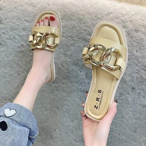 2021 New Ladies Slippers Women Shoes Woman Slides Metal Chain Decorated Flat Slippers Black Split Toe Women Slides Plus Size