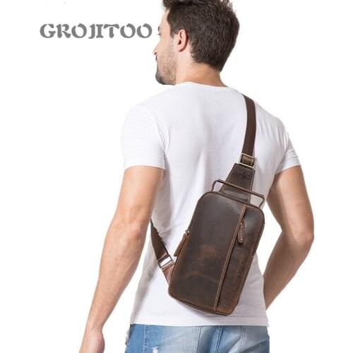 GROJITOO Head layer Crazy Horse Leather Messenger Bag for men Genuine Leather Shoulder Bag multi functional mens bag