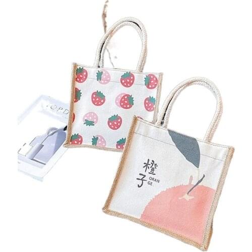 Fashion Linen Pocket Handbag Women Large Capacity Shopping Bag Female Strawberry Orange Pattern Tote Bags Student School Bookbag