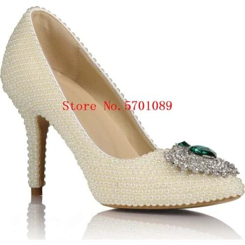Wedding Pumps Stiletto High Heel Pearls Shoes Emerald Diamonds Rhinestone Crystal Pointed Toe Bling Bling Pearl Shoes 35-41
