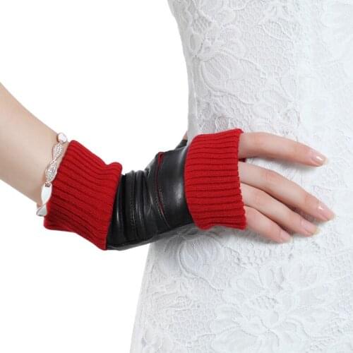 Knitted Sheepskin Gloves Female Autumn Winter Real Leather Half Finger Students Typing Learning Games Fingerless Mittens 3864-B