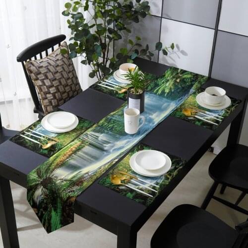 Rainforest Scenic Waterfall Table Runner Set Cotton Linen Mat Tablecloth Dining Table Decor Wedding Table Decoration