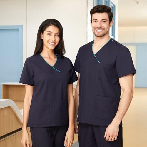 Nursing Uniforms Scrubs Set for Women Men Mock Wrap Cotton Navy Blue Top and Pant OR Petite Clothing Workwear 306-01