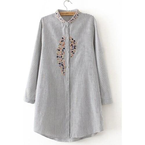 Plus size Embroidery female blouse shirt Casual gray striped shirt 2018 autumn winter cool long sleeve blouse women tops blusas