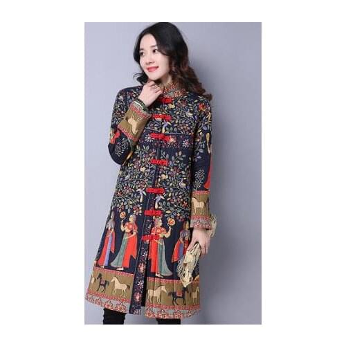Chinese Style Stand Collar Winter Coat Woman 2021 Vintage Flower Printed Cotton Loose Coat Female National Style Big Size LJ167