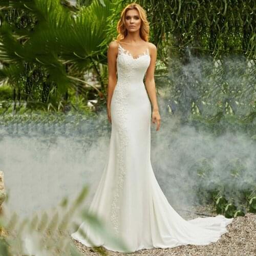 2019 New Mermaid Wedding Dress Vintage O-Neck Appliques Beach Bride Dress Chiffon Princess Boho Wedding Gown Free Shipping