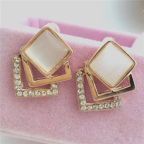 1 Pair New Style Korean Temperament OL Fashion Sparking Rhinestone Geometry Square Opal Stud Earrings For Women Girl Daily Dress