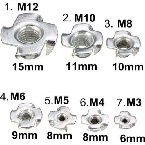 10pcs Zinc Plated Four Claws Nut Speaker Nut T-nut Blind Pronged Tee Nut Furniture Hardware M3 M4 M5 M6 M8 M10 M12