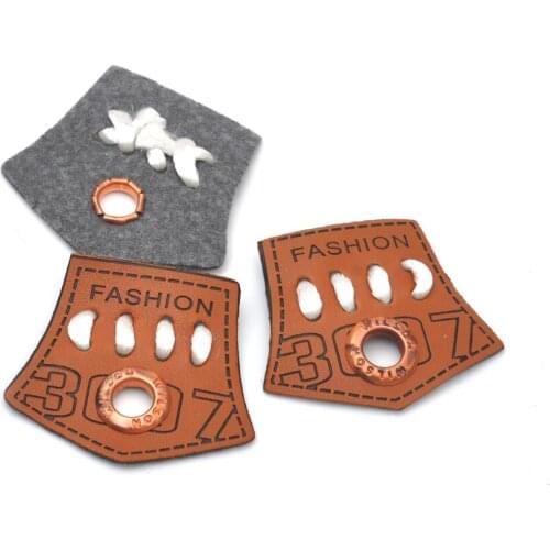 20pcs/lot Brown PU leather Badges sew on label copper gromment eyelets thread design for Denim sportswear free shipping PLB-041