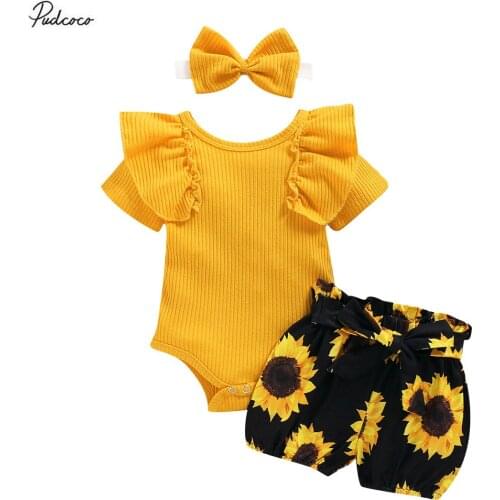 2021 Baby Summer Clothing Newborn Baby Girl Floral Clothes Short Sleeve Romper Jumpsuit+Sunflower Tutu Shorts 3Pcs Outfits Set