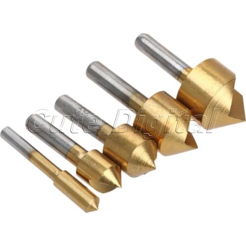 5Pcs HCS Titanium Coated Single Flute Countersink Hole Chamfers 90 Degree Edge Deburring End Mill Cutter Drill Bit Set 6mm-19mm