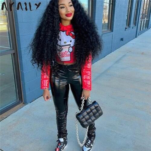 Akaily 2021 Sexy Bodycon High Waist Faux Pu Leather Pants Woman Trousers Female Push Up Black Skinny Pleated Ruched Women Pants