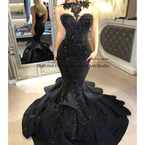 Sparkly Lace Applique Black Mermaid Prom Dresses High Neck Cascading Ruffled Skirt Fishtail Occasion Formal Evening Party Gowns