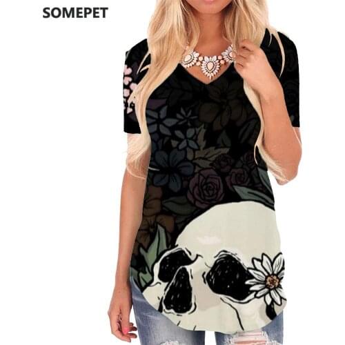 SOMEPET Skull T Shirt Women Flower Shirt Print Colorful Tshirts Printed Graffiti V-neck Tshirt Womens Clothing Hip hop Loose