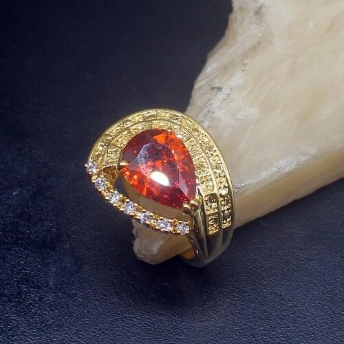 Gemstonefactory Jewelry Big Promotion Yellow Gold Plated Zircon Red Garnet Wedding Women Men Gifts Band Rings 7# 20213027