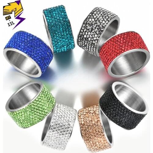 Trendy 8 Row Clay Zircon Ring Costume Jewelry for Female Stainless Steel Womens Rings with Stones Blue Green Red Black Bague