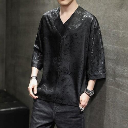 Summer Mens Loose Short Sleeve V-neck T-Shirt Three Quarter Sleeve Casual Top Chinese Style K34
