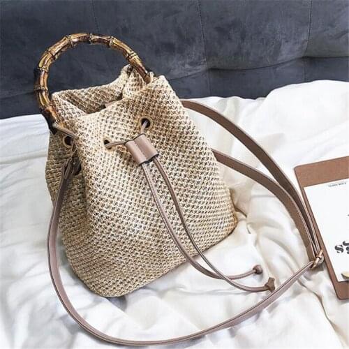 Summer Straw Handbag Women Rattan Handmade Bucket Bag Large Capacity Shoulder Bag Woven Messenger Bag Hard Top-hanlde Beach Bag