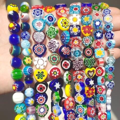 Millefiori Flower Lampwork Glass Flat Round Heart Cube Loose Beads for Jewelry Making Diy Bracelet Crafts Accessories 15
