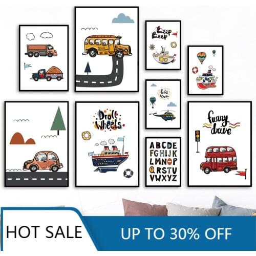 Cartoon Alphabet Car Bus Boat Nordic Wall Art Canvas Painting Posters Prints Nursery Wall Pictures Baby Boys Kids Room Decoratio
