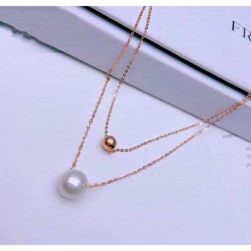 New 18K Rose Gold Necklace AU750 Gold 8mm Round Pearl Double Necklace