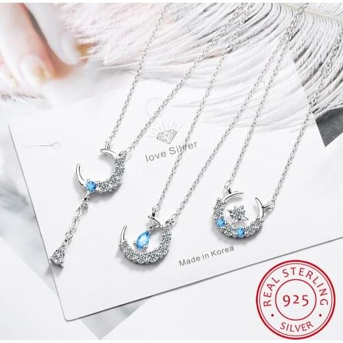 3 Style Simple Star MoonTassel Water-Drop Shaped 925 Sterling Silver Zirconia Necklace collares choker kolye For Women S-N378