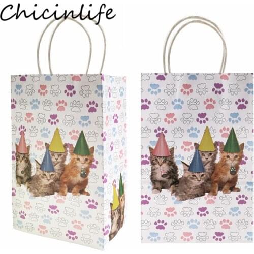 Chicinlife 5Pcs Cat Paw Print Paper Bags With Handles Birthday Party Candy Box Gift Cookie Bags Pet Party Decoartion Supplies