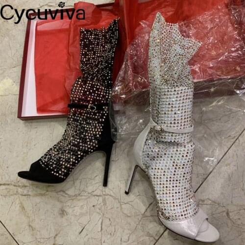 Sexy Mesh Long Boots Women Sandals Peep Toe Ankle Wrap High Heel Shoes For Women Rhinestone Heavy Industry Stiletto Female Pumps