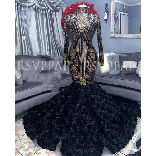African Girl Black Mermaid Long Prom Dress 2021 Stunning Beaded Sequin Top High Neck Long Sleeve 3D Flowers Prom Dresses