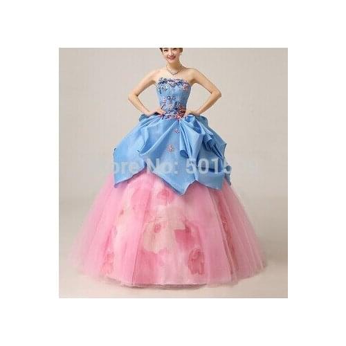 100%realphoto crystal beading flower blue pink victorian princess medieval dress Renaissance cosplay Victoria cosplay/Belle Ball