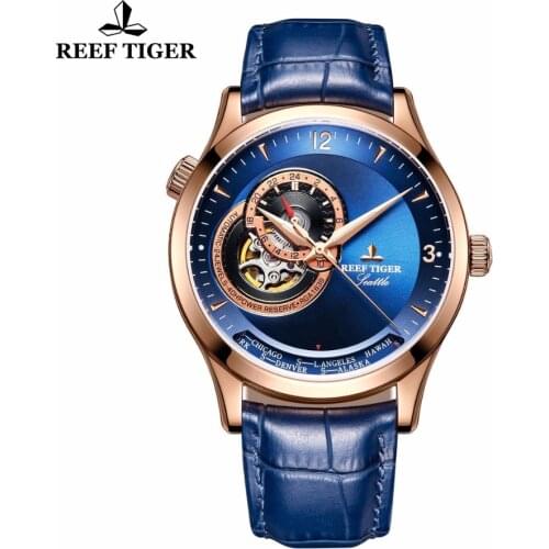Reef Tiger/RT Casual Watches Water Resistant Rose Gold Blue Dial Watches Leather Watch Band Automatic Watches RGA1693