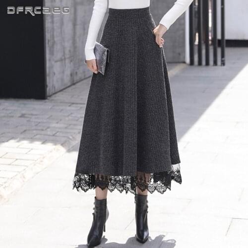 Patchwork Lace Warm Winter Knit Maxi Skirt Women 2020 Elegant High Waist Long Sweater Skirt Thicken Ladies Saia Longa Gray