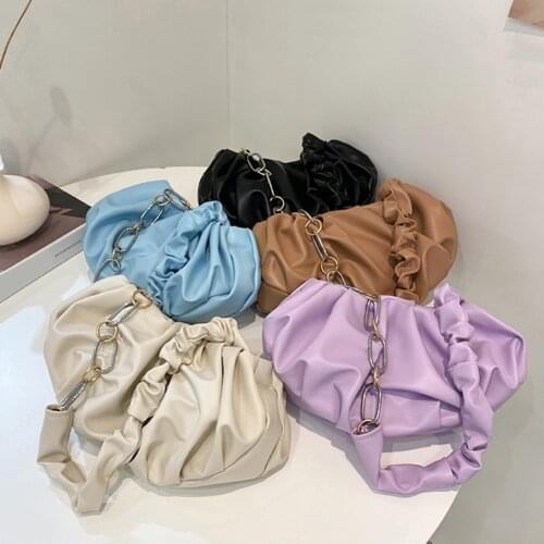 Women Retro PU Bag Pleated Chain Shoulder Underarm Casual Pure Color Small Purse Elegant Ladies Handbag Shoulder Bag